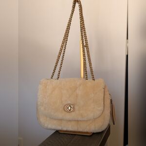 Coach Madison Plush Quilted Faux Shearling Shoulder Or Crossbody Bag Tan Cream